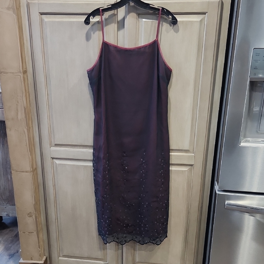 Vintage Tessuto Spaghetti Strap Burgundy Red & Black Sequined Slip Dress